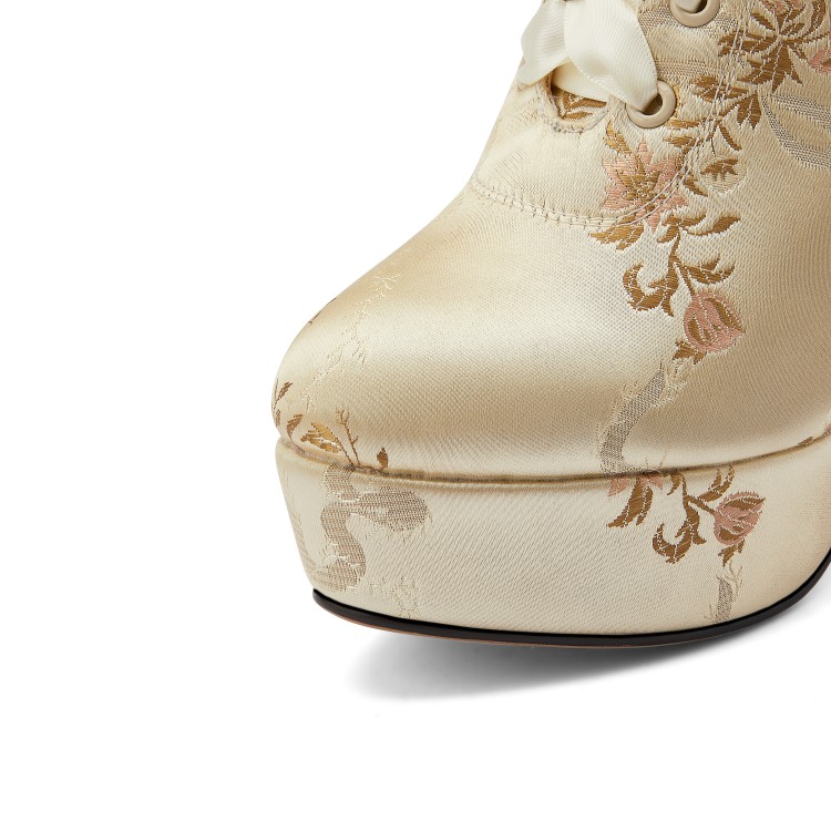 Apricot Satin High Heel Platform Floral Print Pointed Toe Long Fashion Boots - Image 4