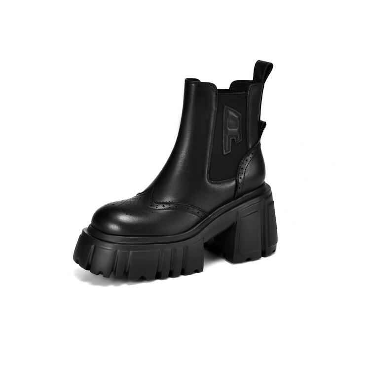 Chelsea Boots in Black and Beige with Chunky High Heel - Image 5