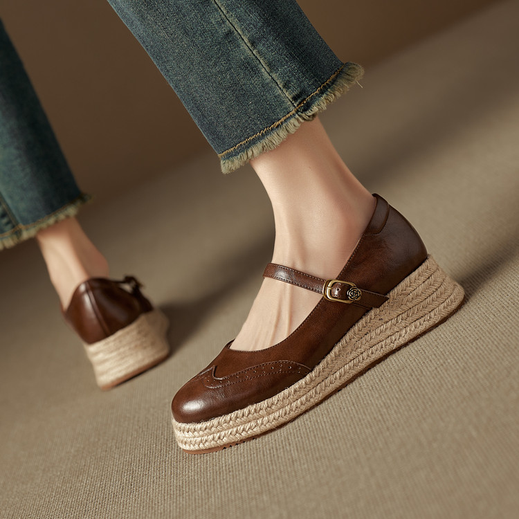Ethnic Style Sheepskin Loafers with Platform Heel and Belt Decoration