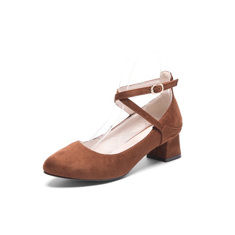 Fashion Flat Shoes for Women - Suede Upper, TPR Sole, Mid Heel, Buckle Strap, Round Toe, Solid Pattern