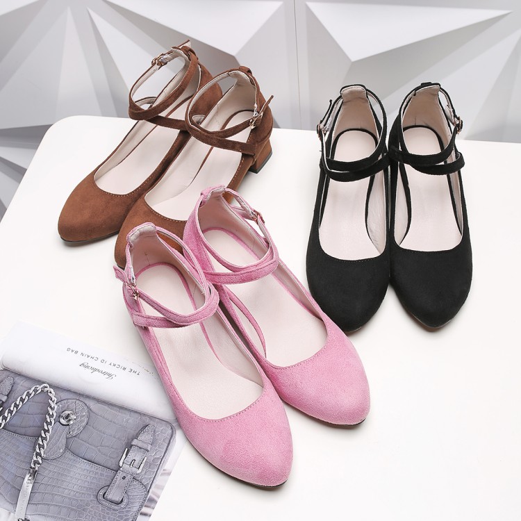 Fashion Flat Shoes for Women - Suede Upper, TPR Sole, Mid Heel, Buckle Strap, Round Toe, Solid Pattern - Image 3