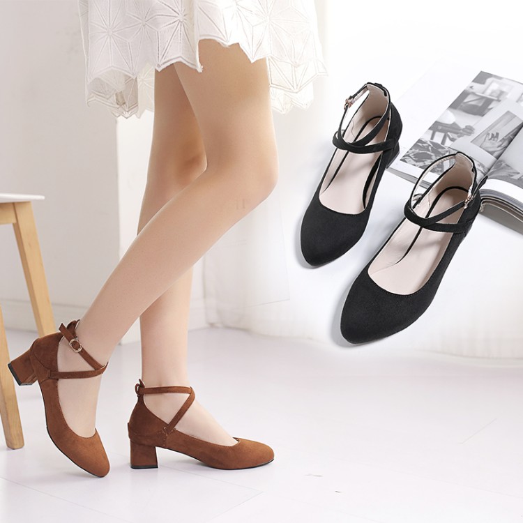 Fashion Flat Shoes for Women - Suede Upper, TPR Sole, Mid Heel, Buckle Strap, Round Toe, Solid Pattern - Image 4