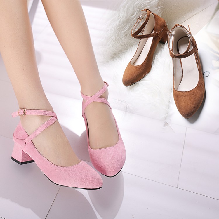 Fashion Flat Shoes for Women - Suede Upper, TPR Sole, Mid Heel, Buckle Strap, Round Toe, Solid Pattern - Image 5