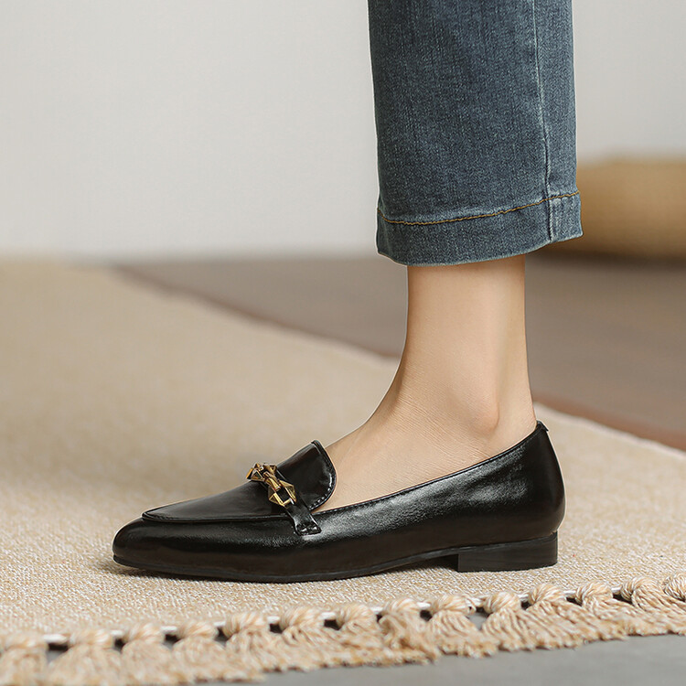 Minimalist Pointed Toe Loafers with Metal and Belt Detail