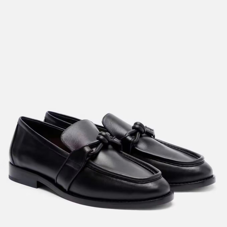 Women's Black Leather Loafers with Bow and T-Strap Low Chunky Heel