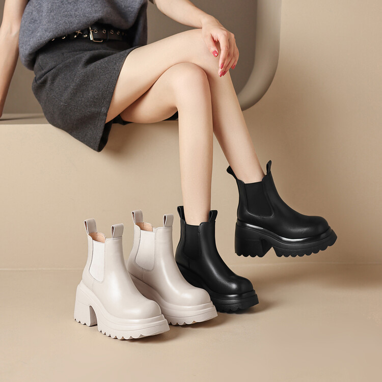 Women's Chelsea Boots with Chunky Heel and Platform in Black or Beige - Image 3
