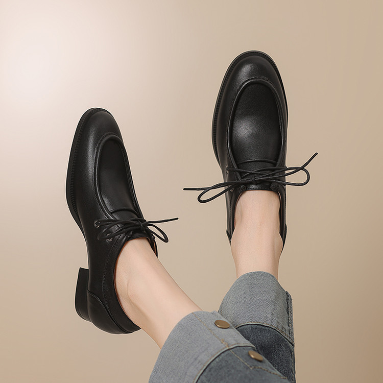 Women's Leather Loafers Low Heel Lace-Up Round Toe Commuter Shoes