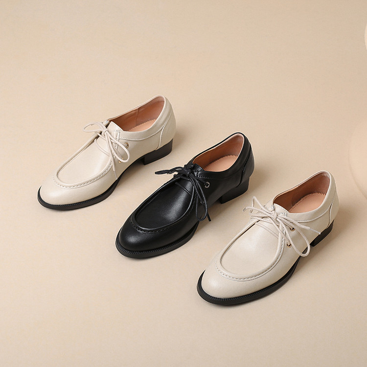 Women's Leather Loafers Low Heel Lace-Up Round Toe Commuter Shoes - Image 2