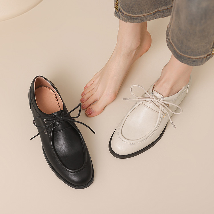 Women's Leather Loafers Low Heel Lace-Up Round Toe Commuter Shoes - Image 4