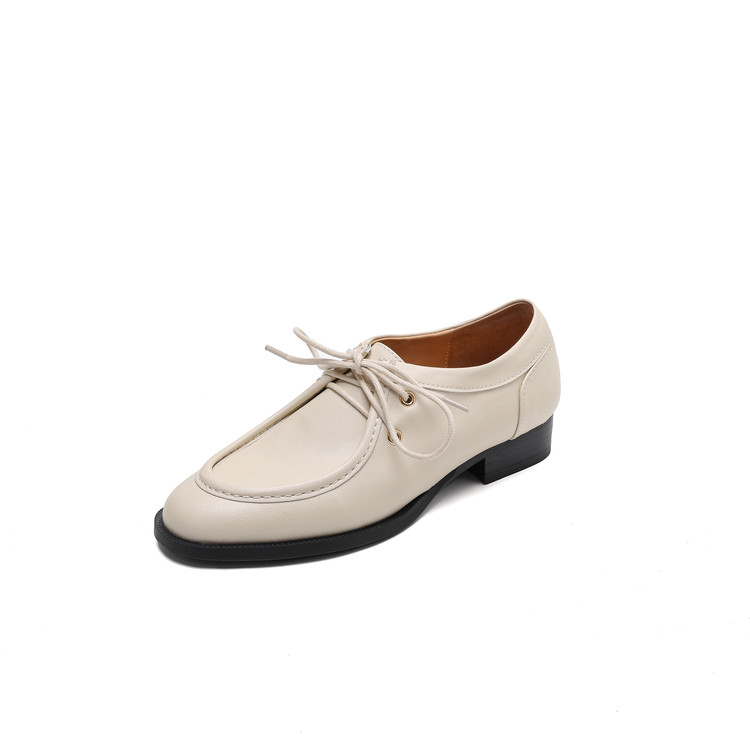 Women's Leather Loafers Low Heel Lace-Up Round Toe Commuter Shoes - Image 5