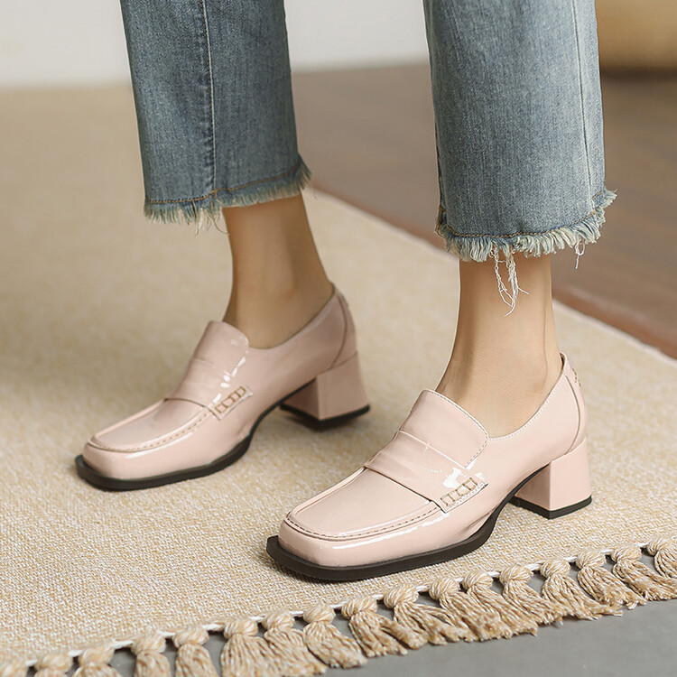 Women's Leather Loafers with Chunky Heel and Square Toe