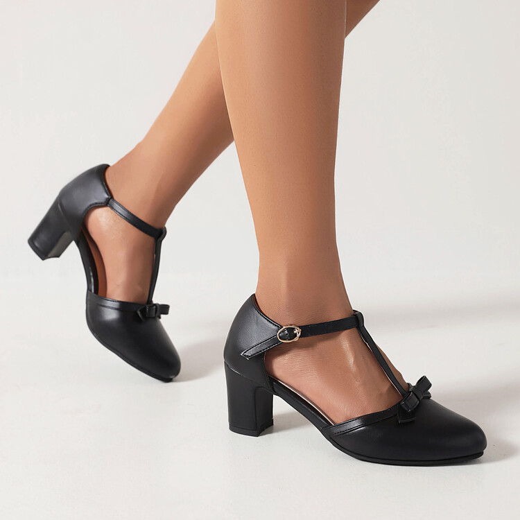 Women's PU Closed Toe Mid Chunky Heel Sandals with Bow - Image 2