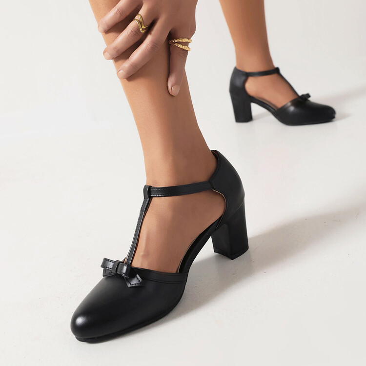 Women's PU Closed Toe Mid Chunky Heel Sandals with Bow - Image 3