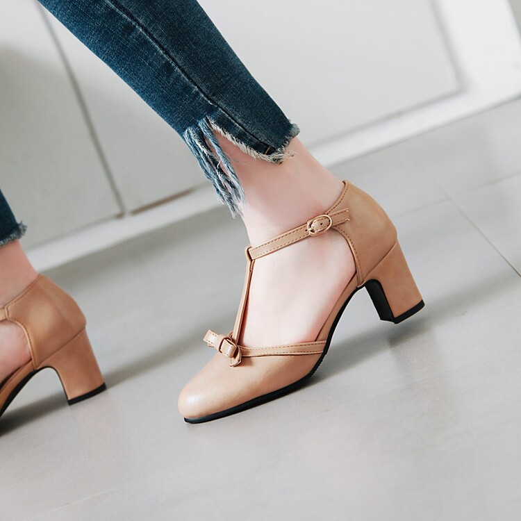 Women's PU Closed Toe Mid Chunky Heel Sandals with Bow - Image 4