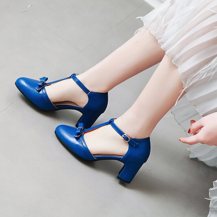Women's PU Closed Toe Mid Chunky Heel Sandals with Bow - Image 5