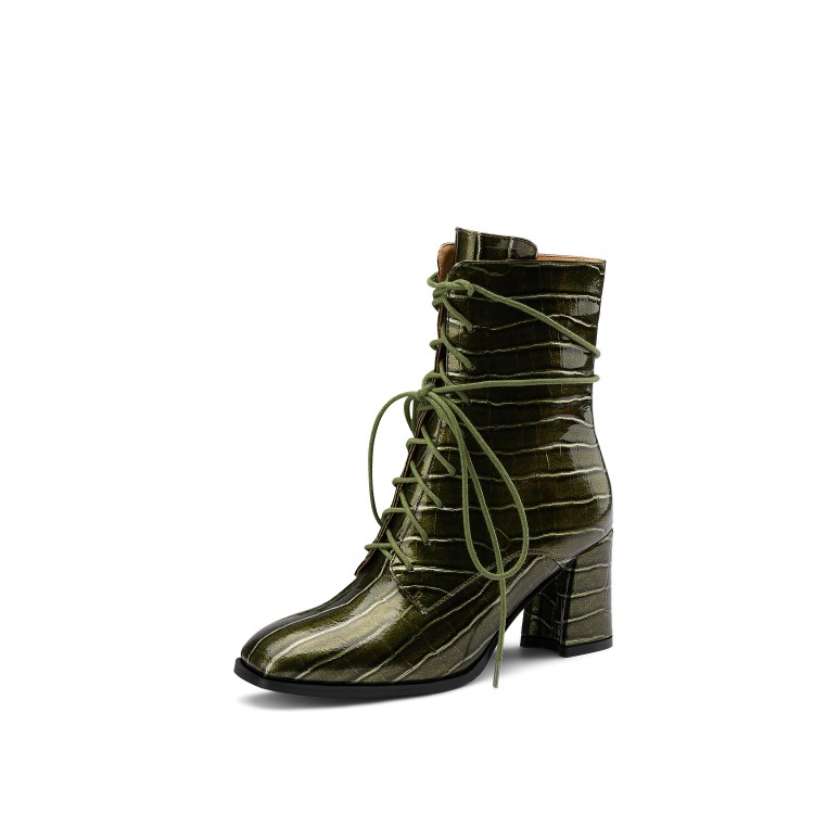 Women's Square Toe Mid Chunky Heel Short Boots with Cross Lace-Up - Image 5